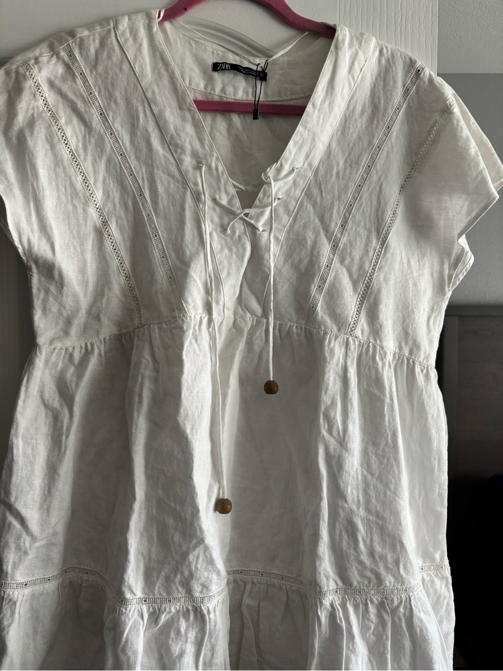 Zara White Lace-Up Peasant Dress